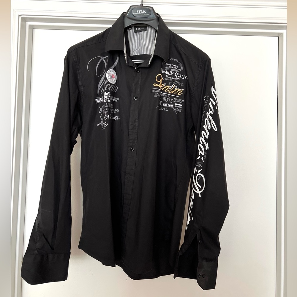 Button down black shirt with cool logos and designs!